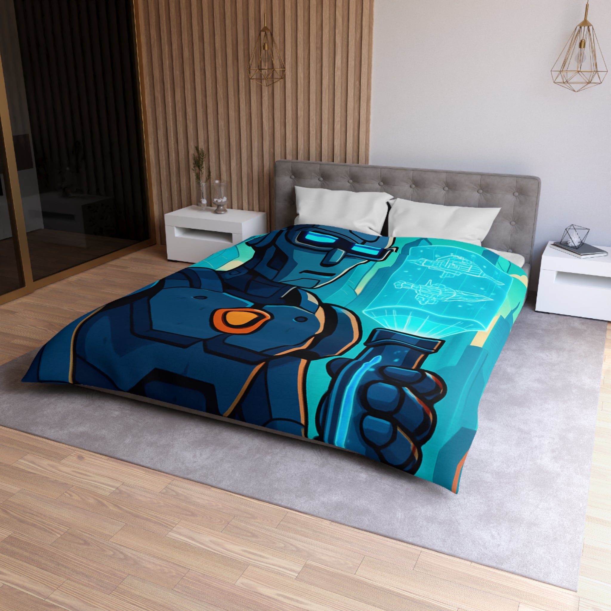 Housse de Couette Thème Robotique Futuriste avec Paysage Urbain et Drones Volants