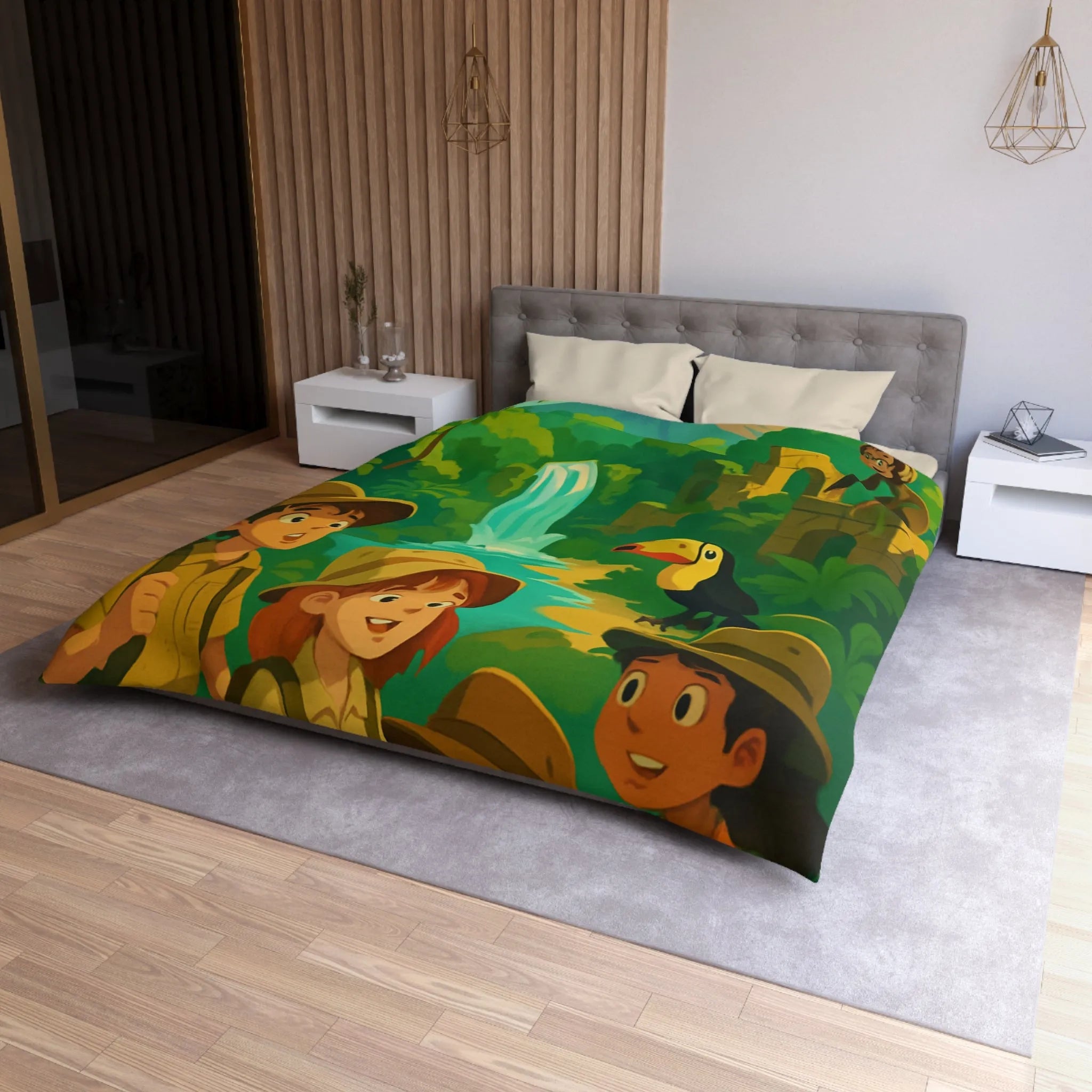 Housse de Couette Jungle Aventure Enfants avec Toucan, Monuments et Cascade Colorés