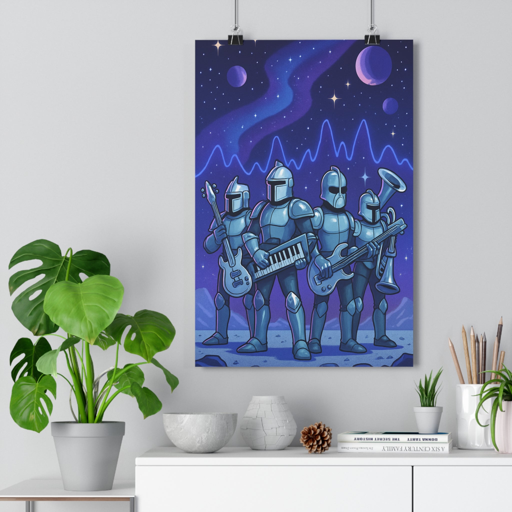 Poster décoratif chevaliers bleu violet cartoon futuriste épique musique chambre cosmique moderne unique ambiance