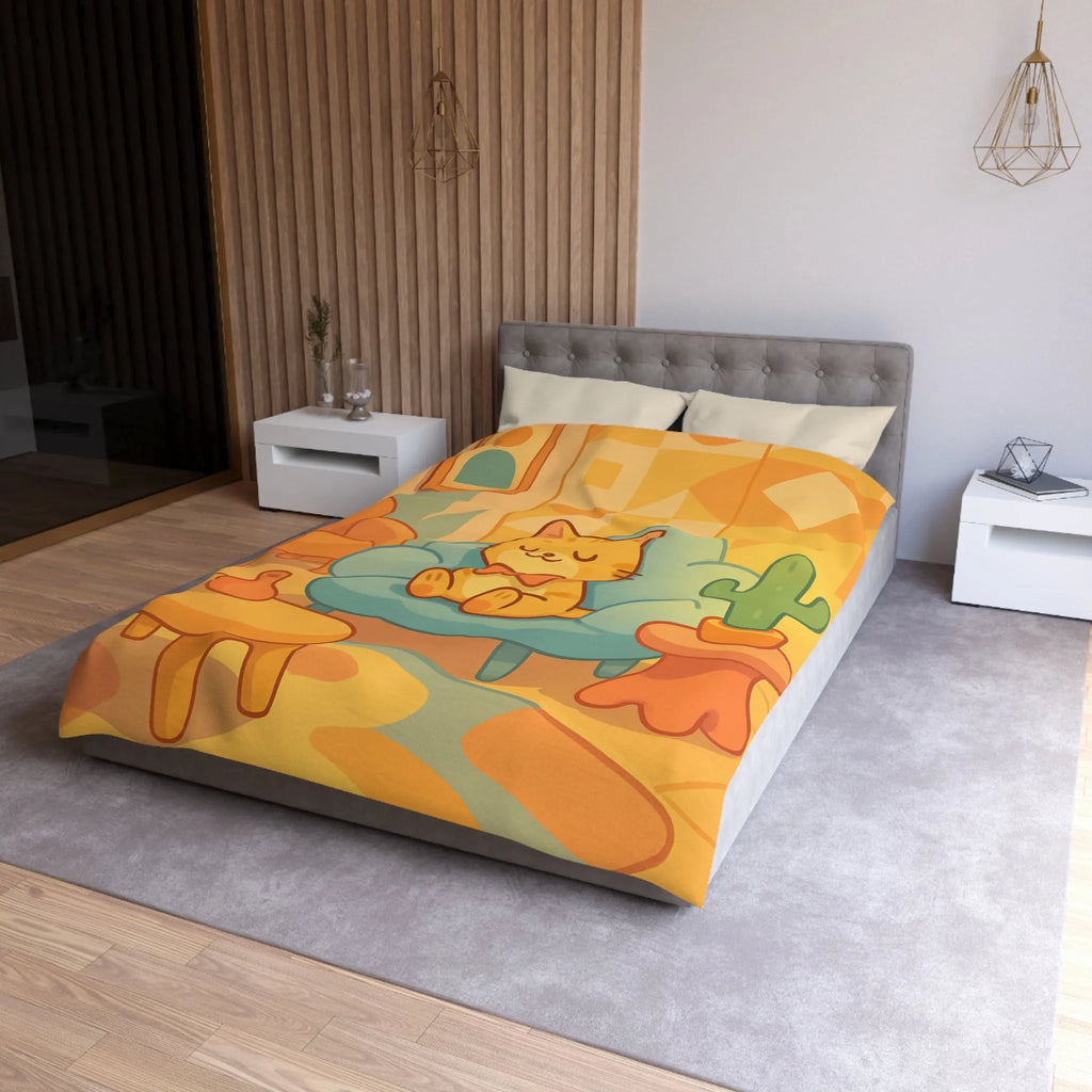 Housse de Couette Douce avec Chat Mignon et Décor Géométrique Moderne en Pastel