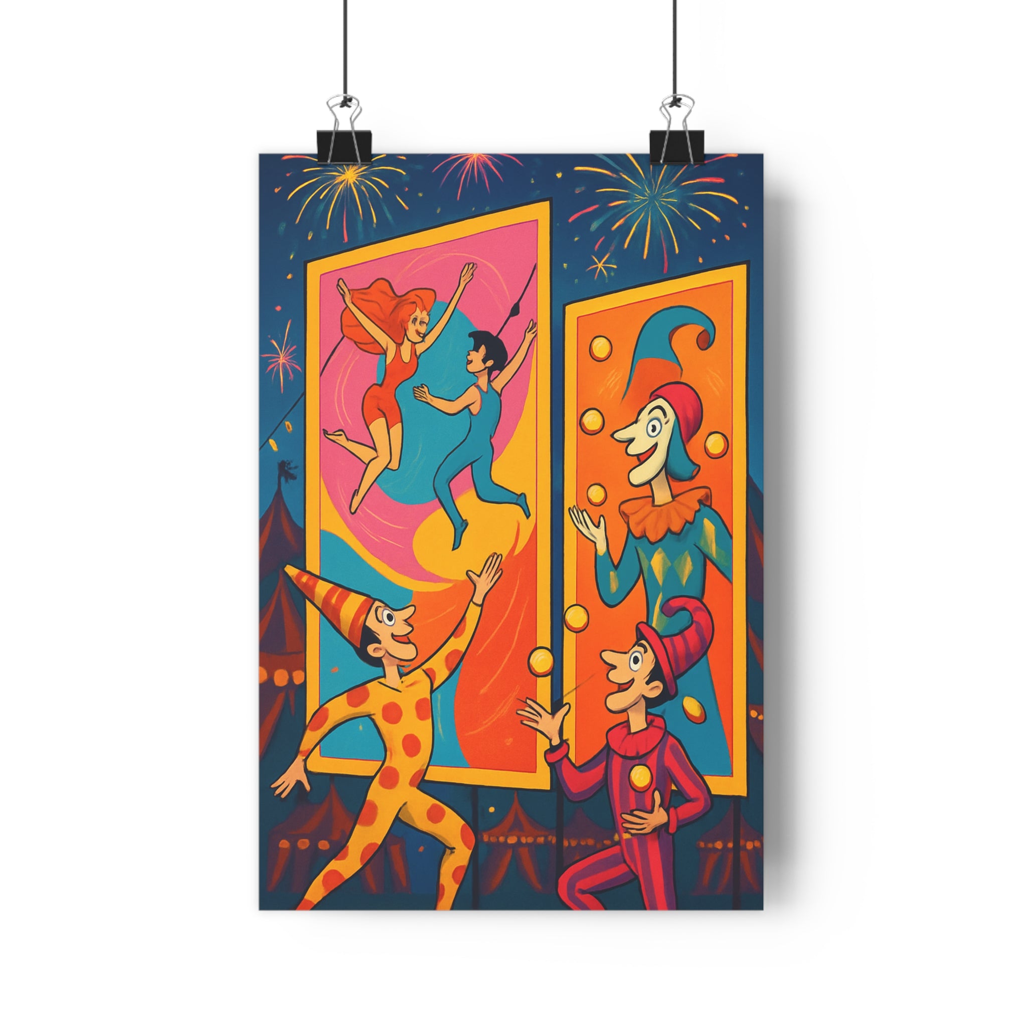 Poster décoratif dessin animé rouge bleu orange joyeux chambre enfant cirque carnaval acrobates jongleurs