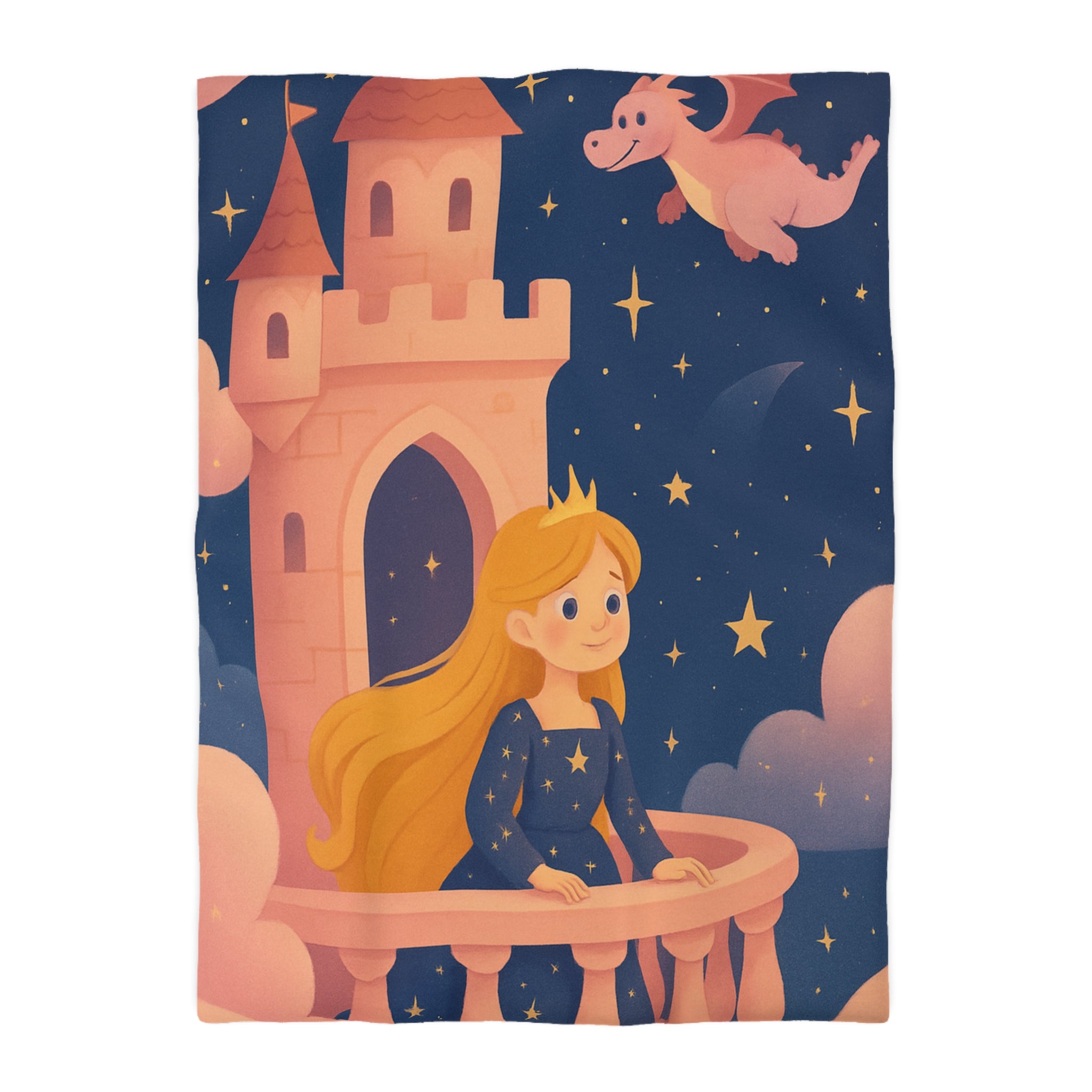 Housse de couette princesse rêveuse château et dragon volant étoiles scintillantes nuit