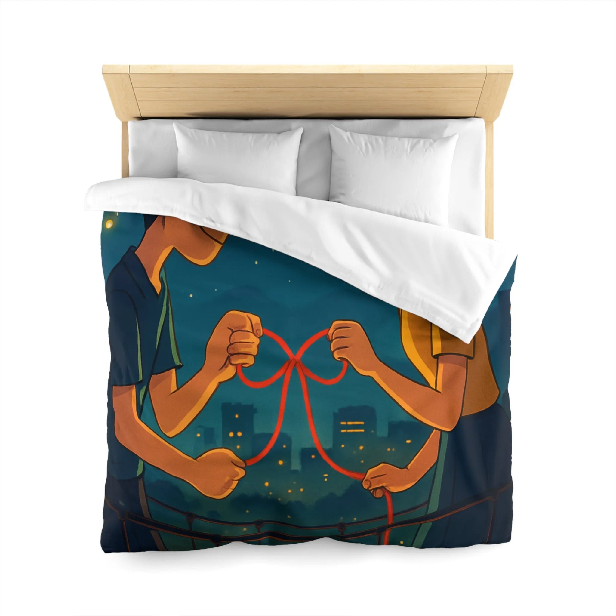 Housse de couette animée couple amoureux sur pont au-dessus d'une ville étoilée