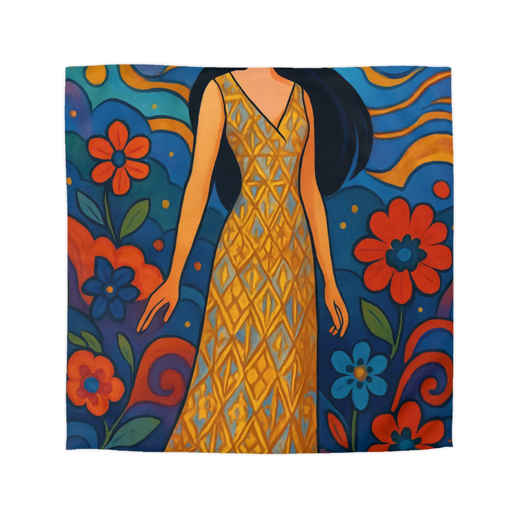 Housse de couette artistique avec motif floral vibrant et silhouette élégante féminine