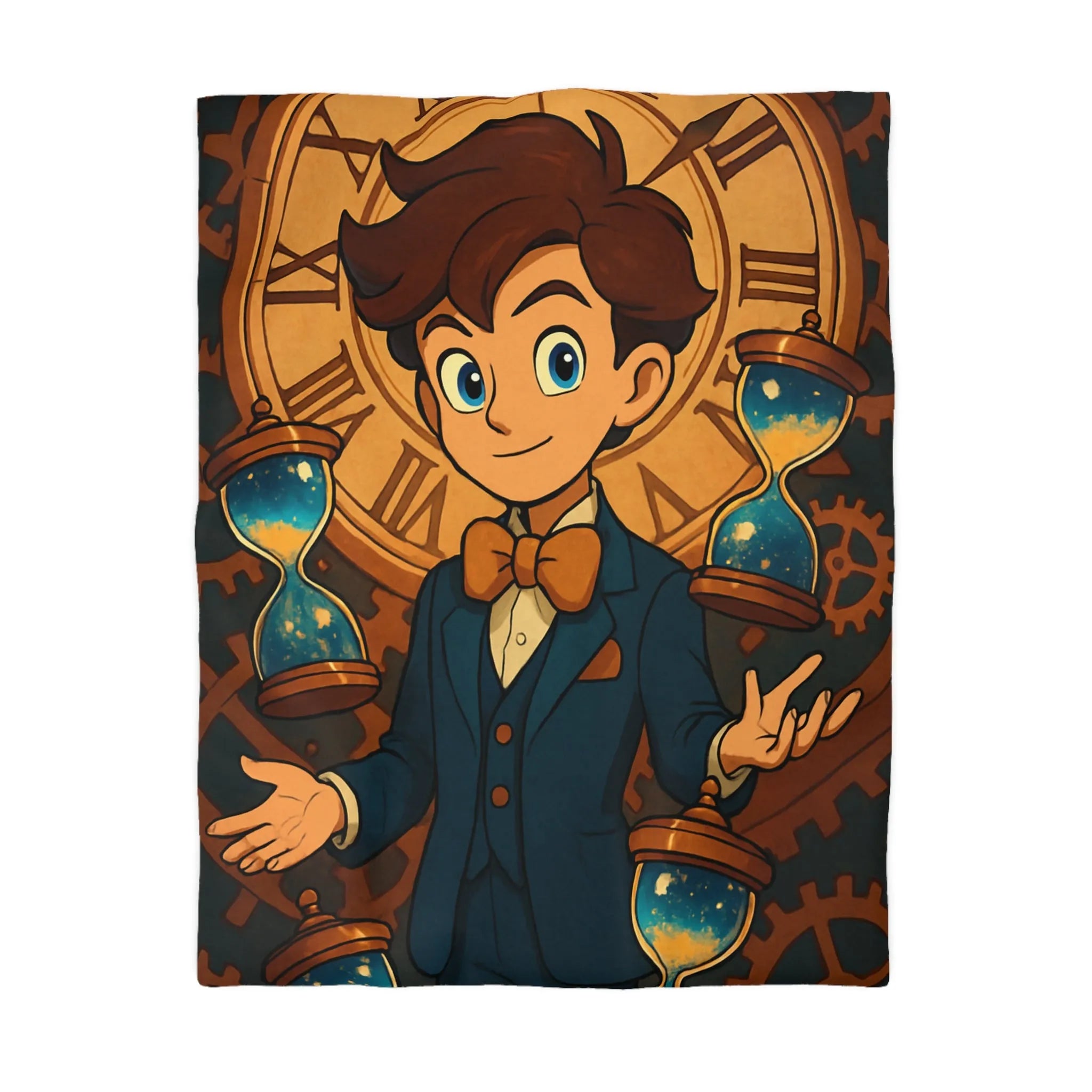 Élégante housse de couette thème horloger avec personnage stylisé et sabliers dorés