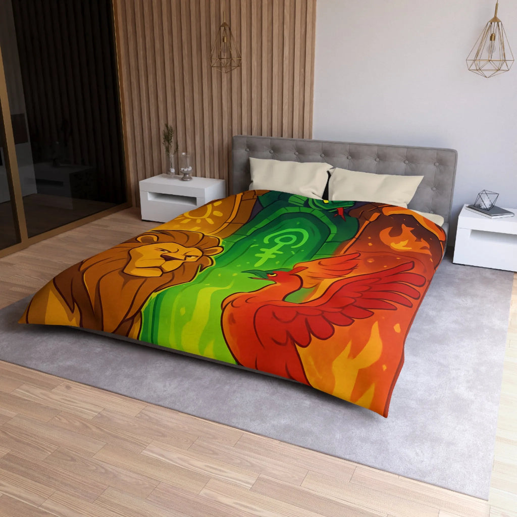 Housse de couette avec motifs lion, serpent et phénix sur fond médiéval magique