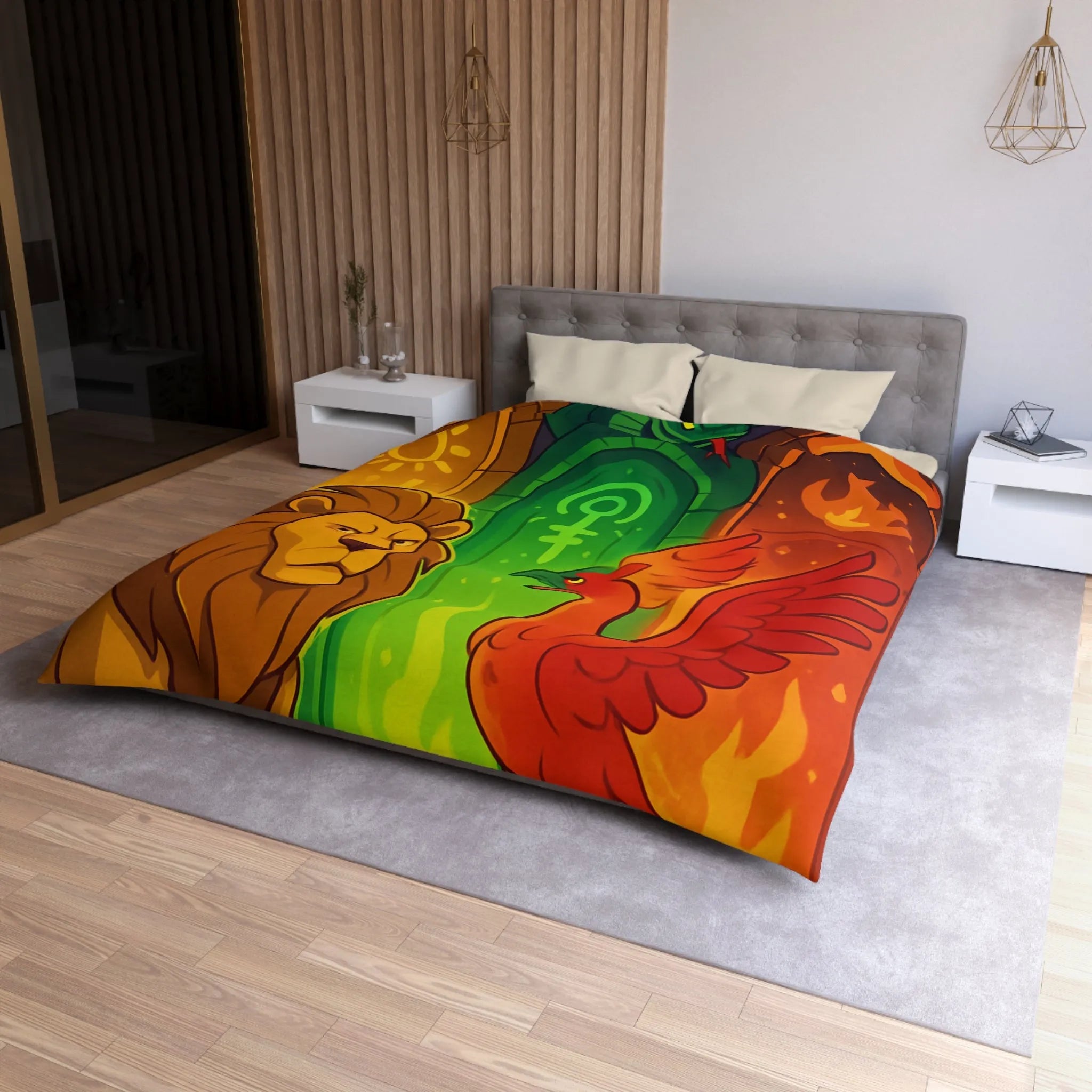 Housse de couette avec motifs lion, serpent et phénix sur fond médiéval magique