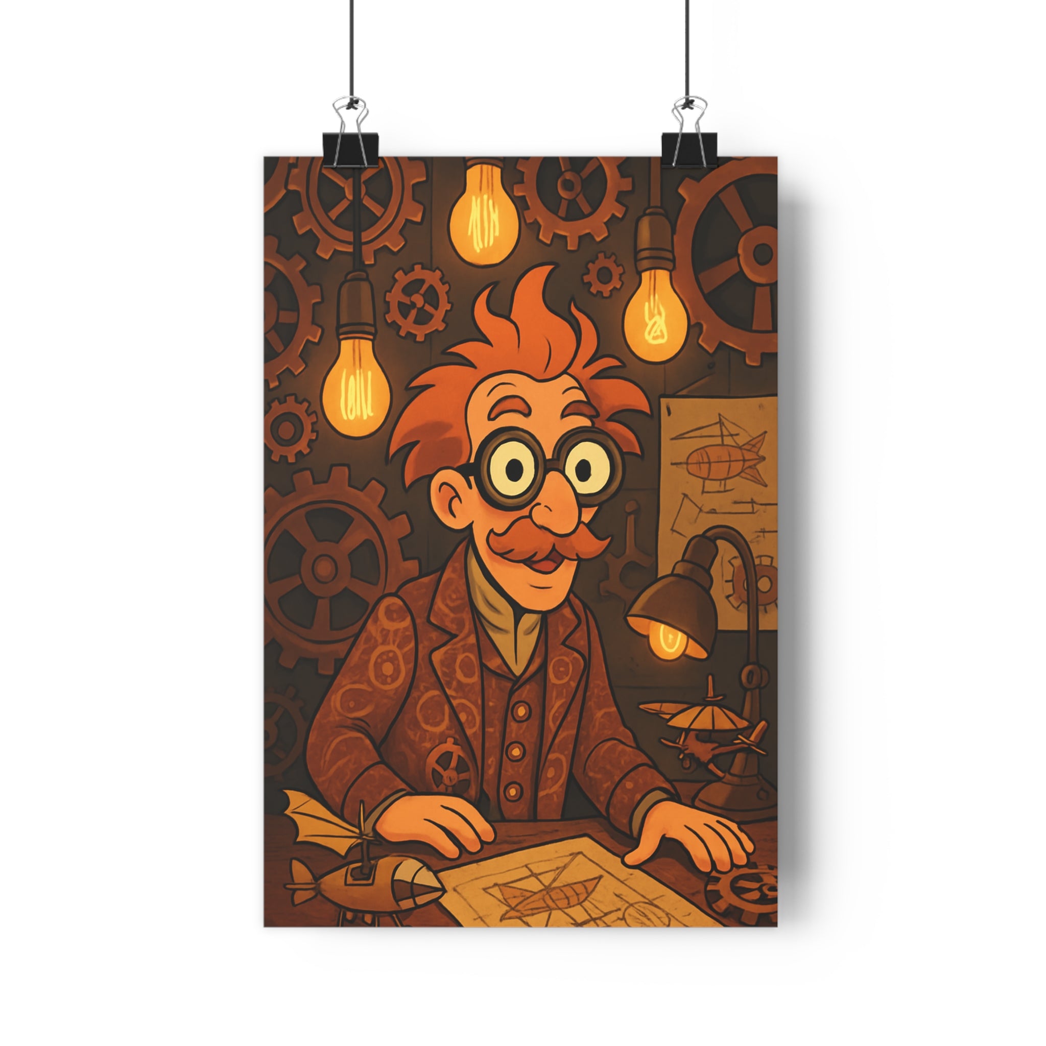 Poster décoratif steampunk rétrofuturiste brun orange bureau atelier inventeur ambiance moustache lunettes mécanique 30x46
