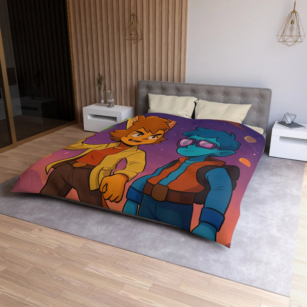 Housse de couette avec deux personnages dans l'espace, ambiance rétro futuriste colorée