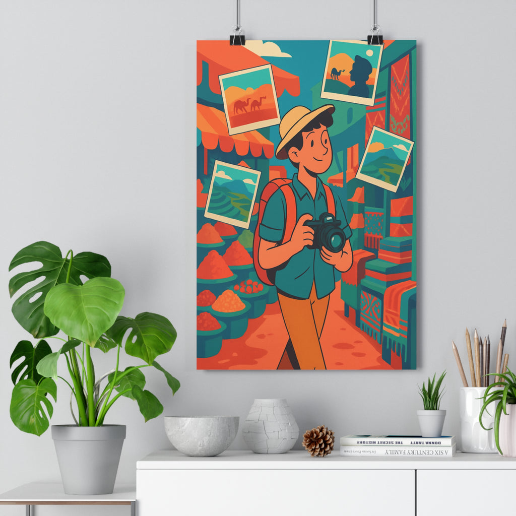 Poster décoratif aventure voyageur bleu orange vert joyeux exploration bureau style dynamique exotique moderne