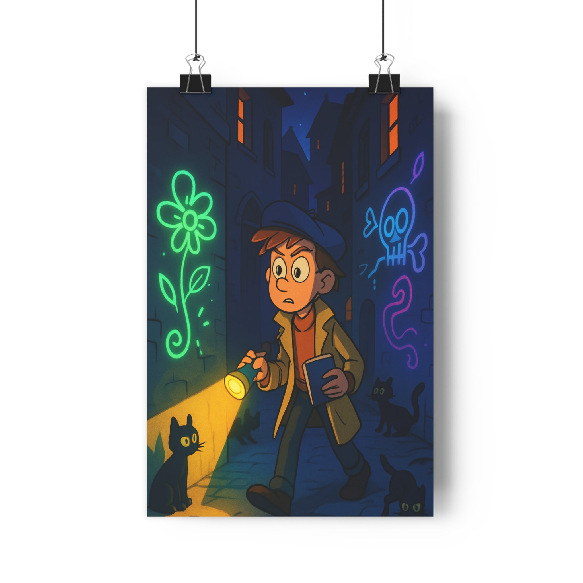 Poster décoratif cartoon sombre mystérieux aventure jeune explorateur graffiti chambre enfant couleurs contrastées qualité