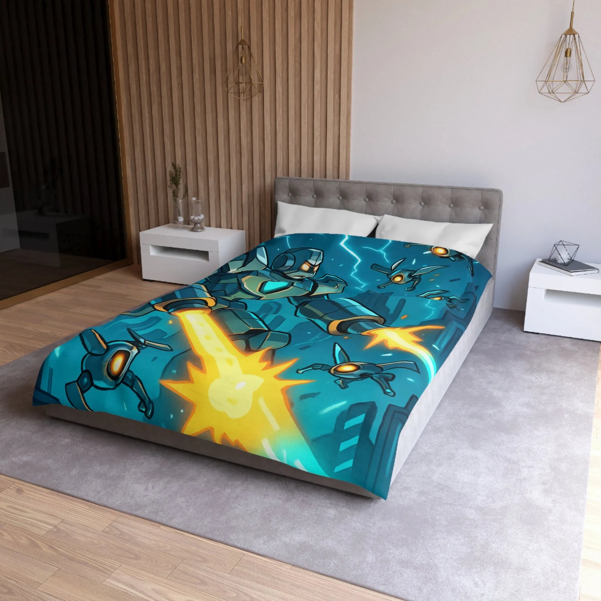 Housse de couette illustrant un robot tirant des lasers dans une ville futuriste la nuit