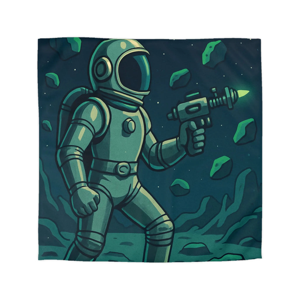 Exploration spatiale rétro avec astronaute et soucoupe volante sur fond nocturne stellaire