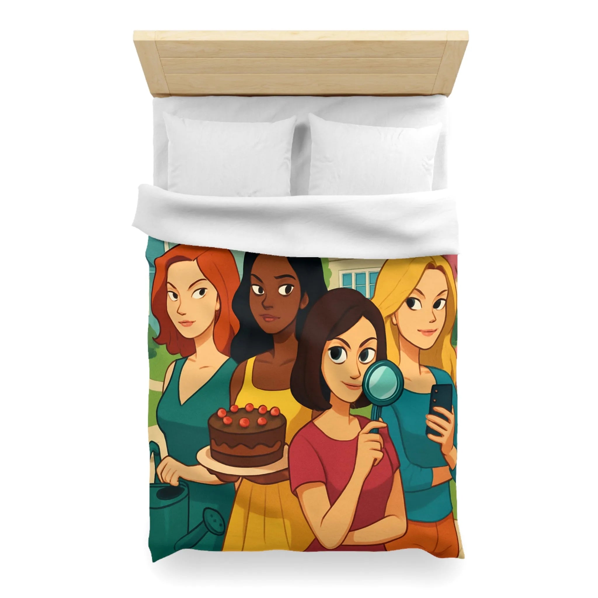 Housse de Couette Illustrée Fête Femme Jardin avec Loupe Gâteau et Téléphone