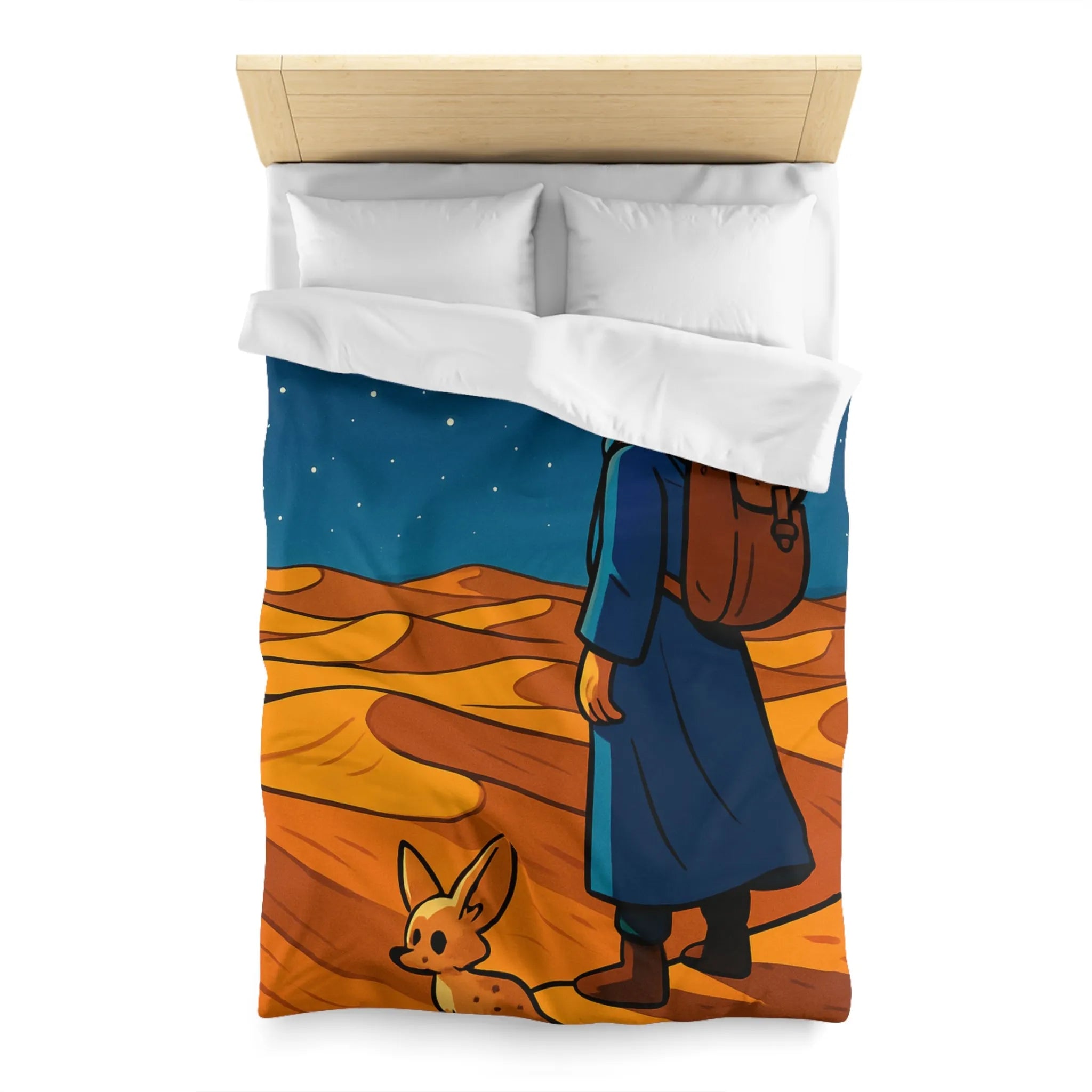 Housse de Couette Désert Nocturne Nomade Bleu Étoilé et Renard des Sables Enchanté