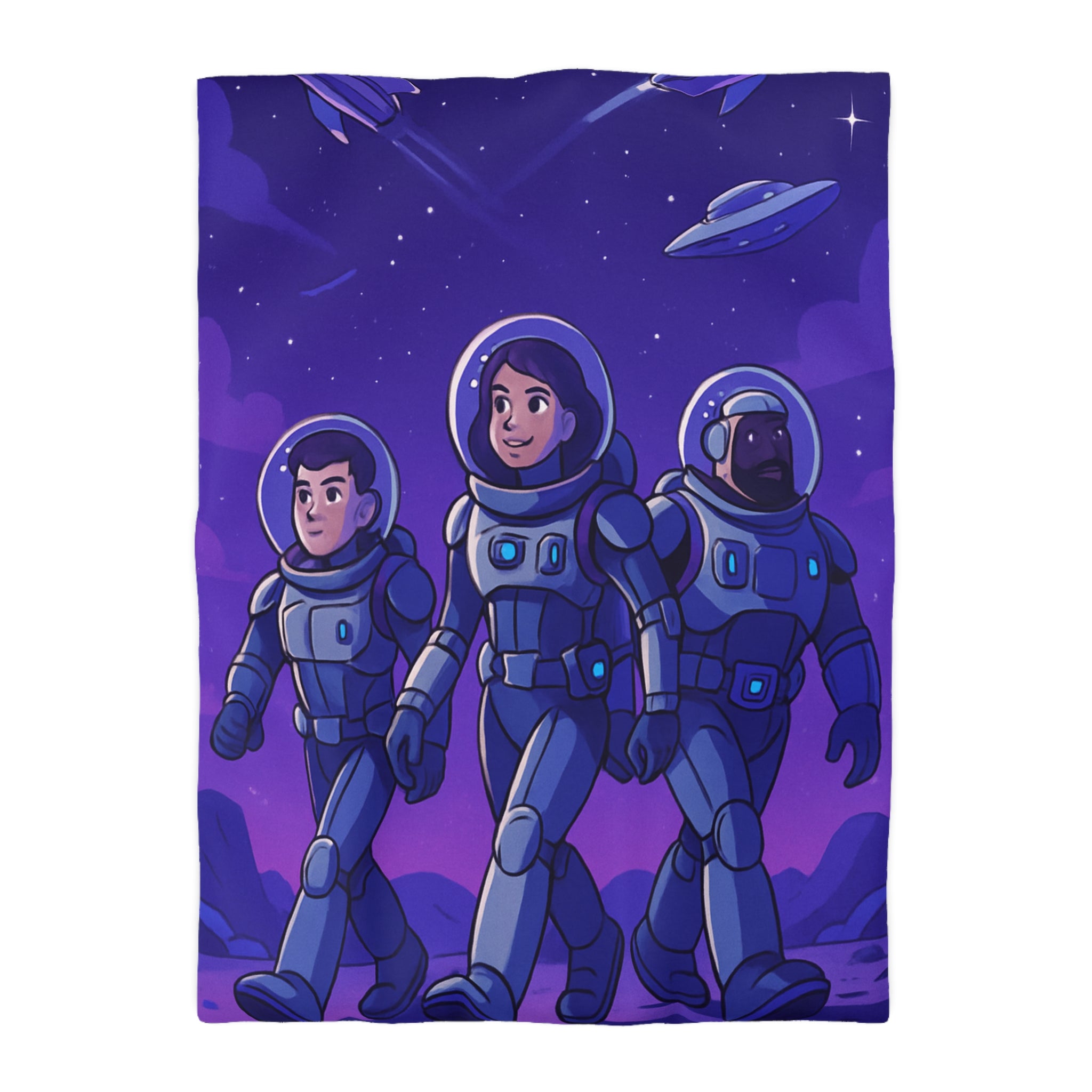 Housse de Couette Spatiale avec Astronautes, Vaisseaux et Étoiles sur Fond Violet