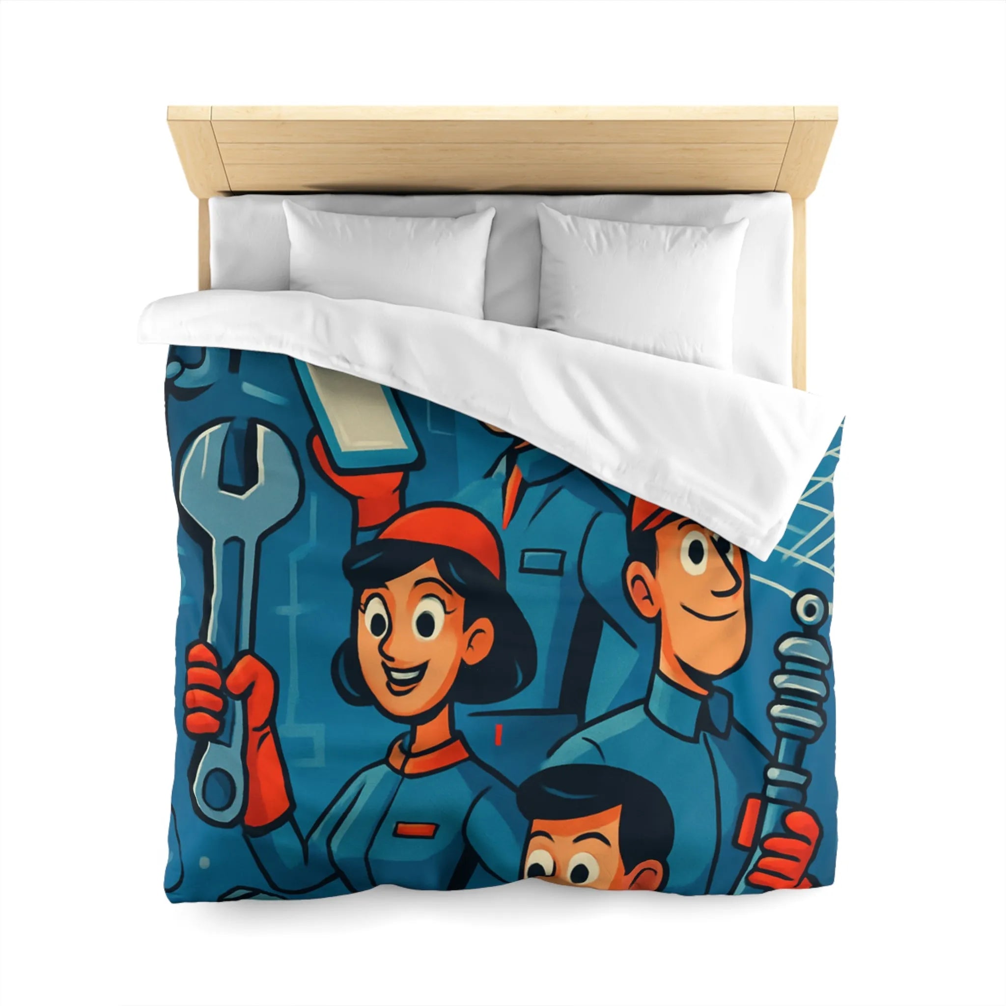 Housse de Couette Industrielle avec Équipe de Travail Souriante dans Tonalités Bleues et Rouges