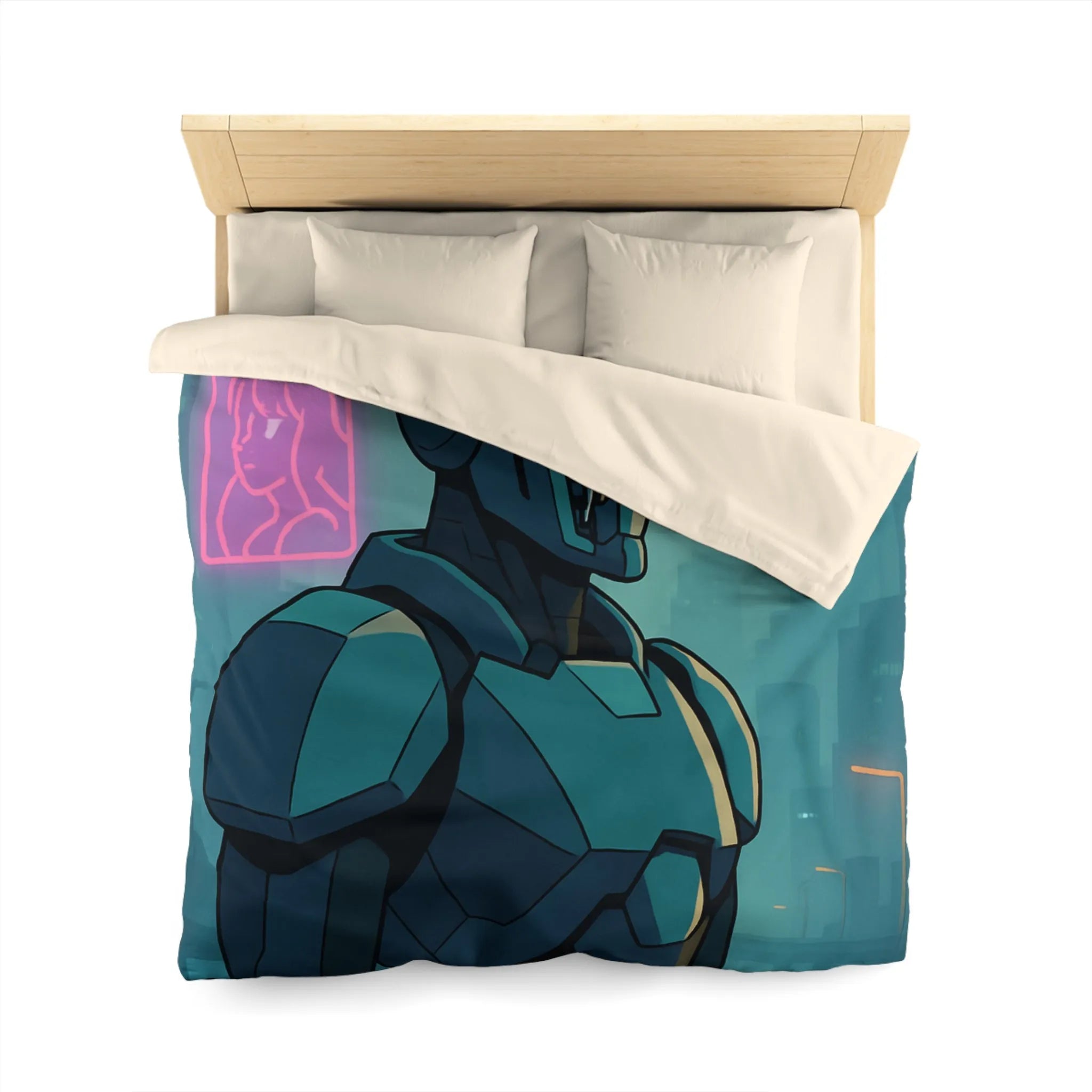 Futuristic Dystopian Cityscape with Neon Lights and Robotic Figure for Bedding Decor