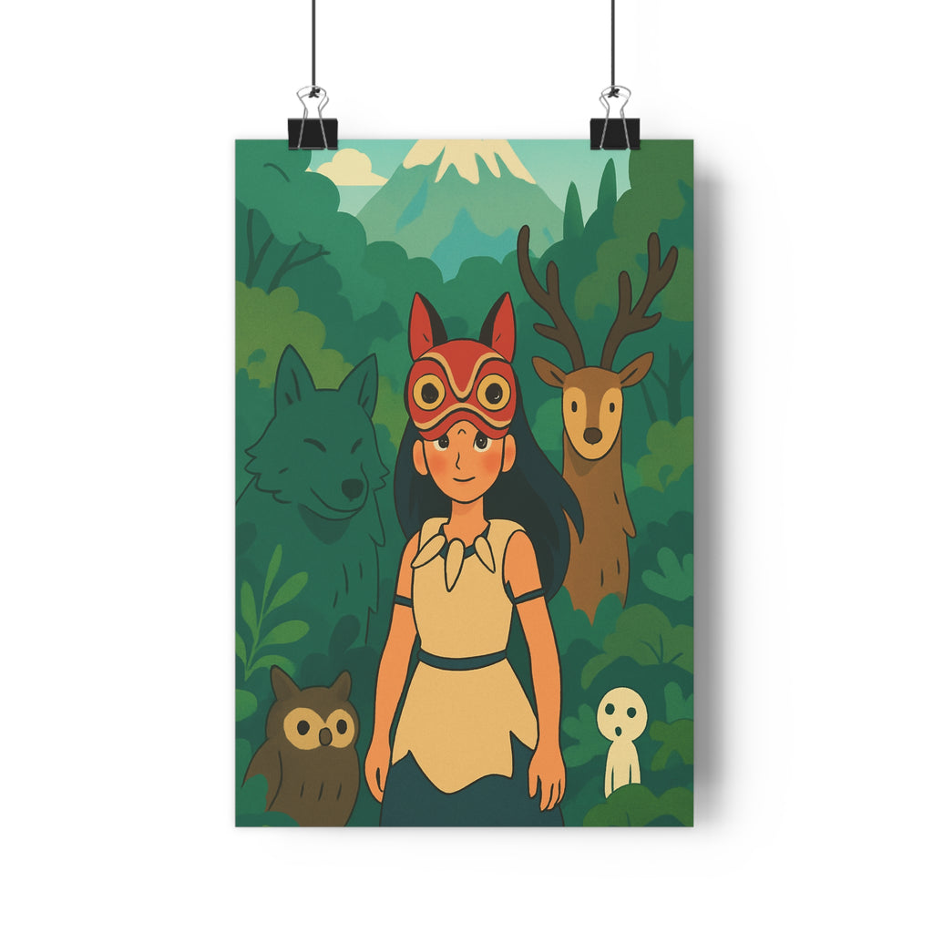 Poster décoratif forêt enchantée vert brun mystique cartoon enfant chambre magique créatures masqué rêveur