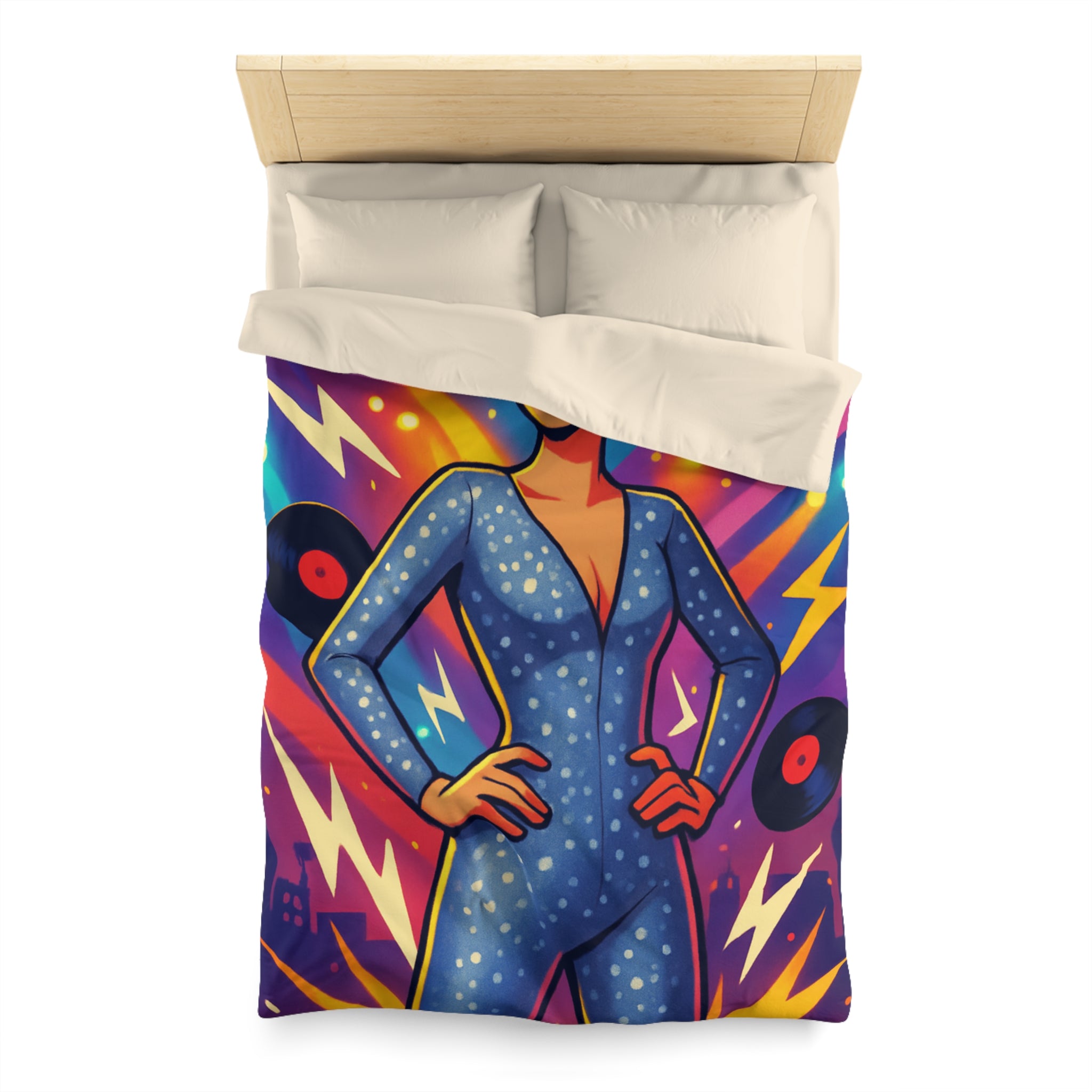 Housse de Couette Thématique Musique Vintage avec Femme dans Combinaison Étoilée Scintillante