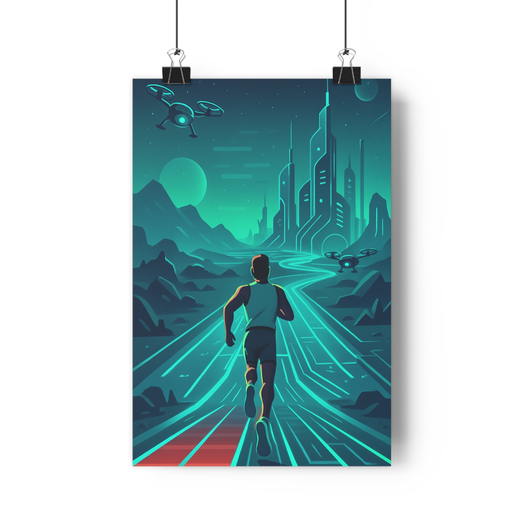 Poster décoratif futuriste bleu rouge cyberpunk bureau chambre moderne captivant design hightech format 30x46