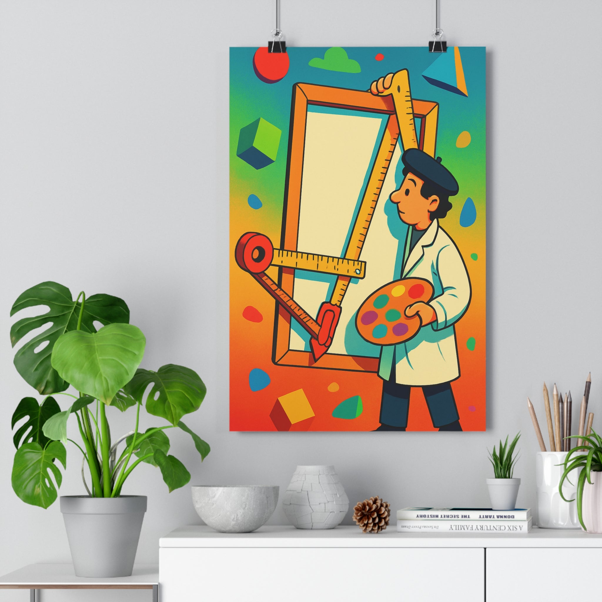 Poster décoratif cartoon bleu jaune rouge ludique artistique chambre salon enfant géométrique créatif proportions