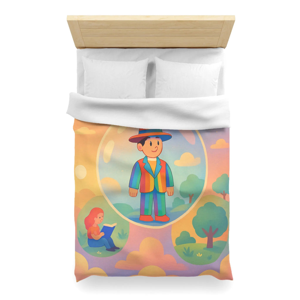 Housse de couette aux motifs rêveurs de personnages dans des bulles colorées et apaisantes