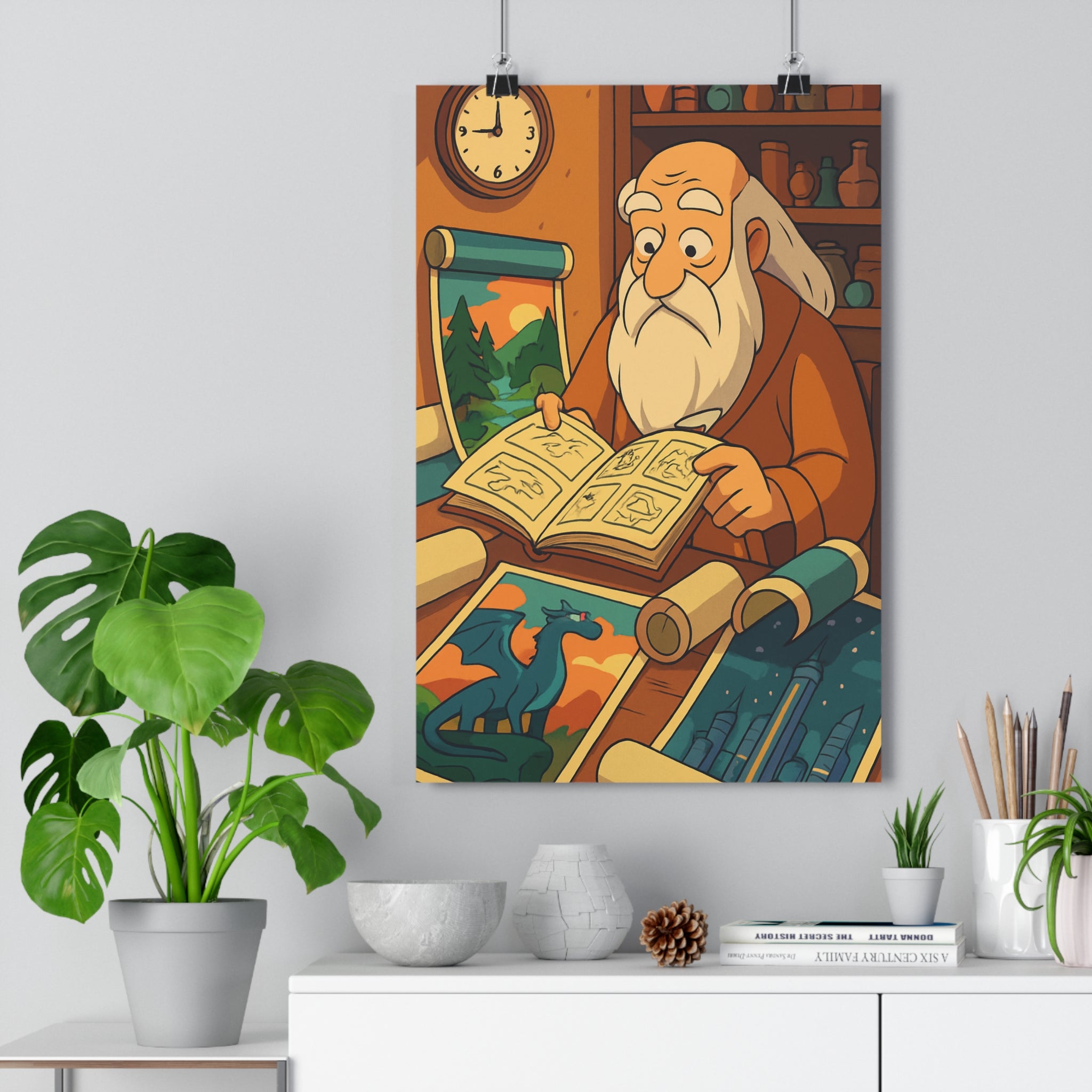 Poster décoratif vintage nostalgie homme livre bureau bibliothèque dessin animé couleurs chaudes 30x46 qualité