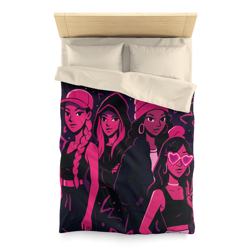 Housse de couette urbaine avec silhouettes féminines et motifs fluorescents nuit étoilée
