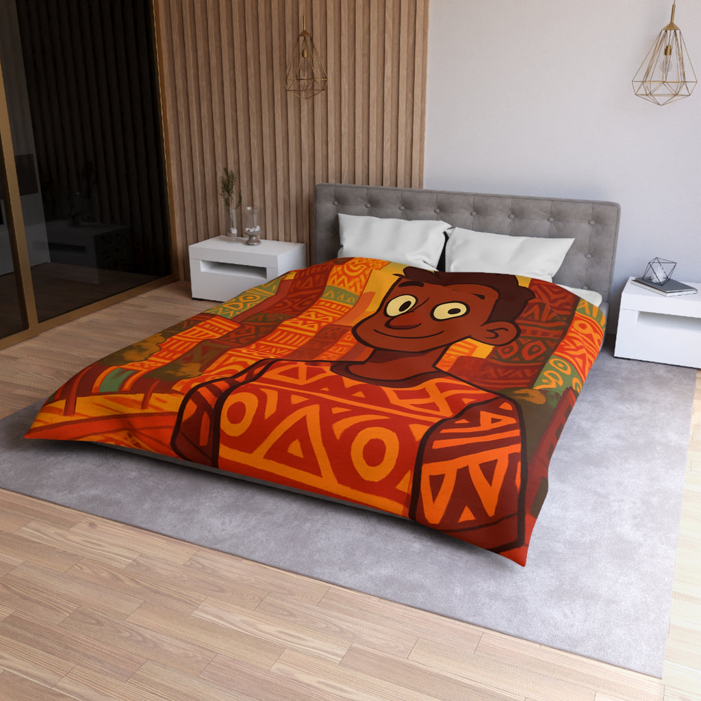 Housse de Couette Personnage Souriant avec Motifs Géométriques et Gratte-Ciel Colorés