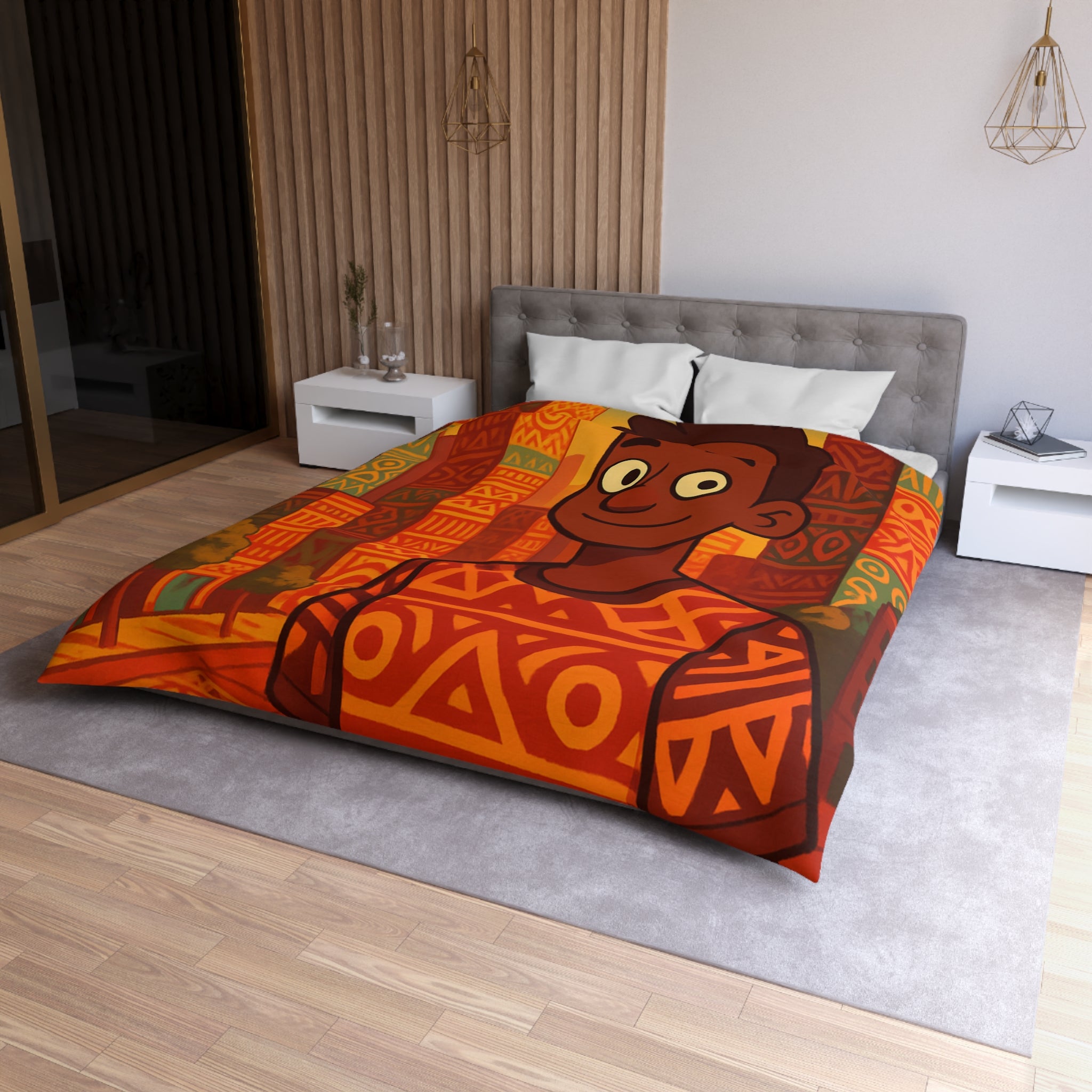 Housse de Couette Personnage Souriant avec Motifs Géométriques et Gratte-Ciel Colorés