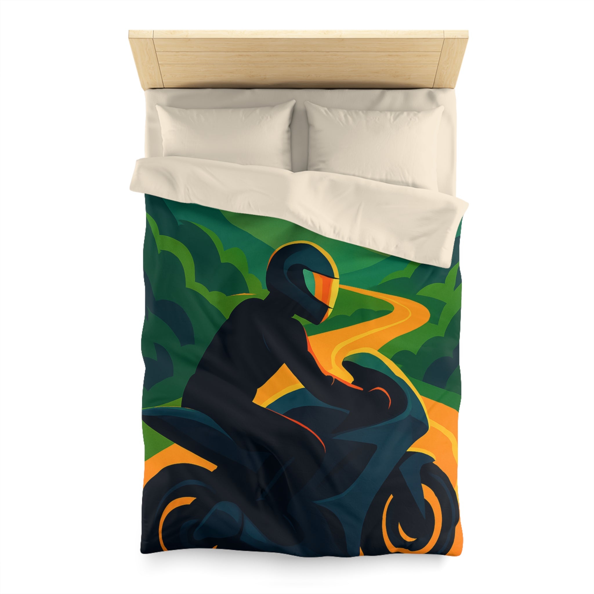 Housse de couette moto route sinueuse coucher de soleil horizon montagne vibrante