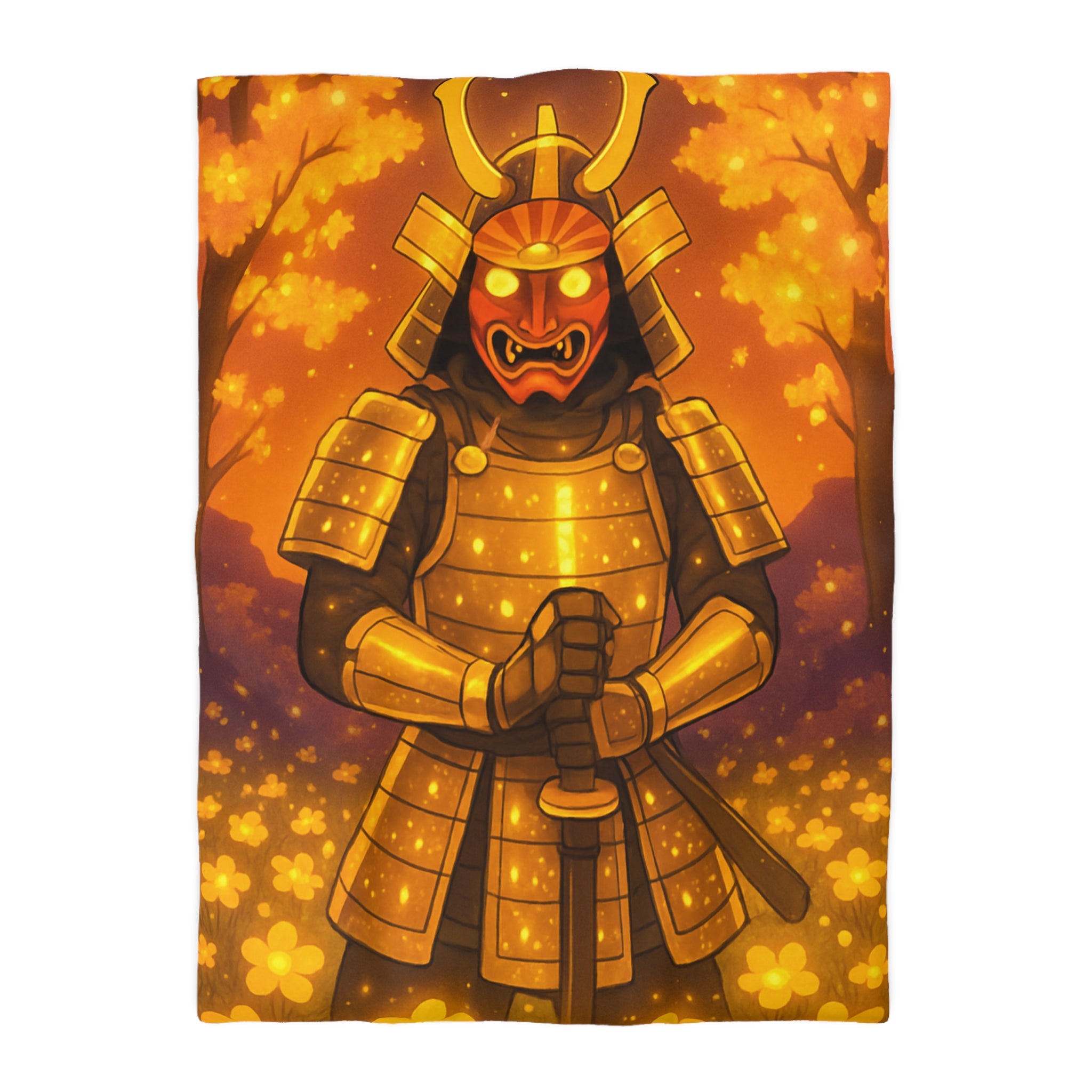 Housse de couette samouraï doré dans forêt magique, ambiance légendaire pour chambre zen