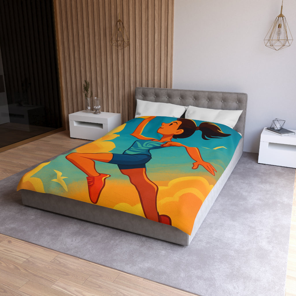 Housse de couette sportive colorée, femme jouant freesbee sous ciel bleu dynamique ultime