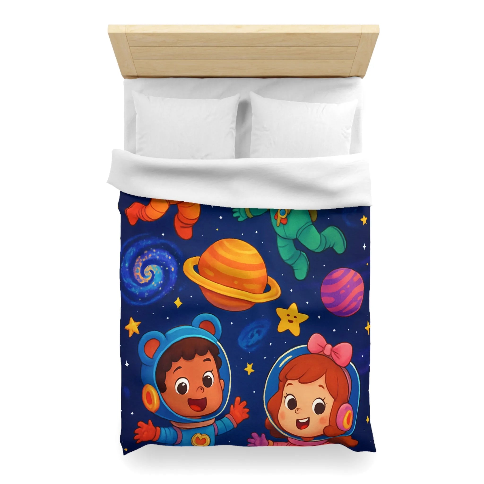 Housse de Couette Enfant : Aventure Cosmique avec Astronautes et Étoiles Colorées Stylisées