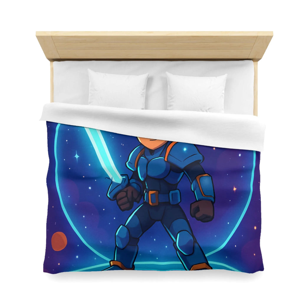 Ensemble galactique animé avec jeune héros et épée lumineuse sur fond cosmique vibrant