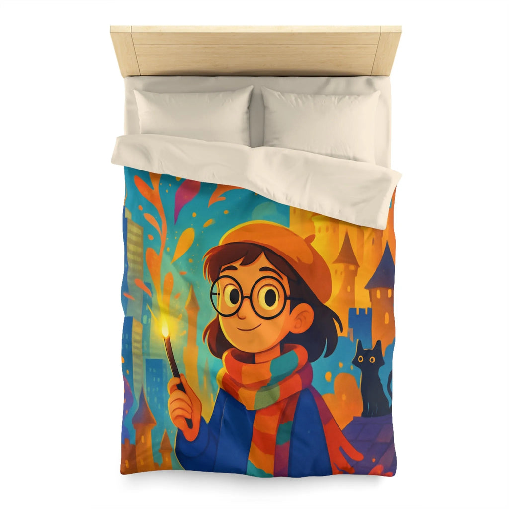 Housse de Couette Éclatante: Jeune Magicienne aux Couleurs Vives et Château Mystérieux