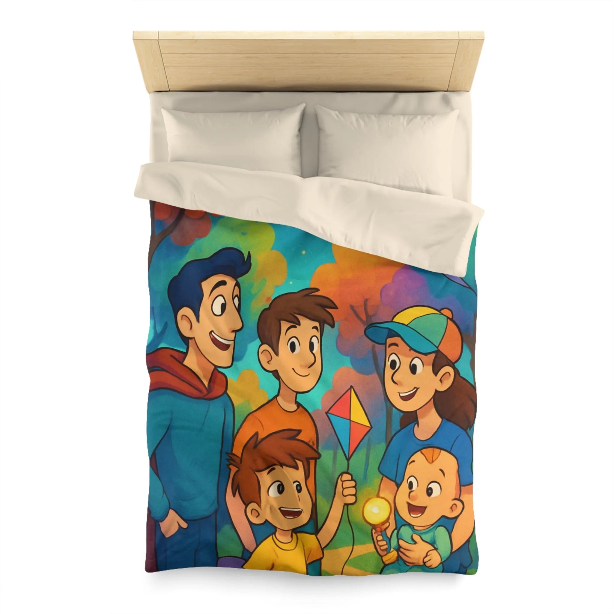 Housse de Couette Enfantine avec Cerfs-Volants et Ciel Étoilé dans Forêt Colorée