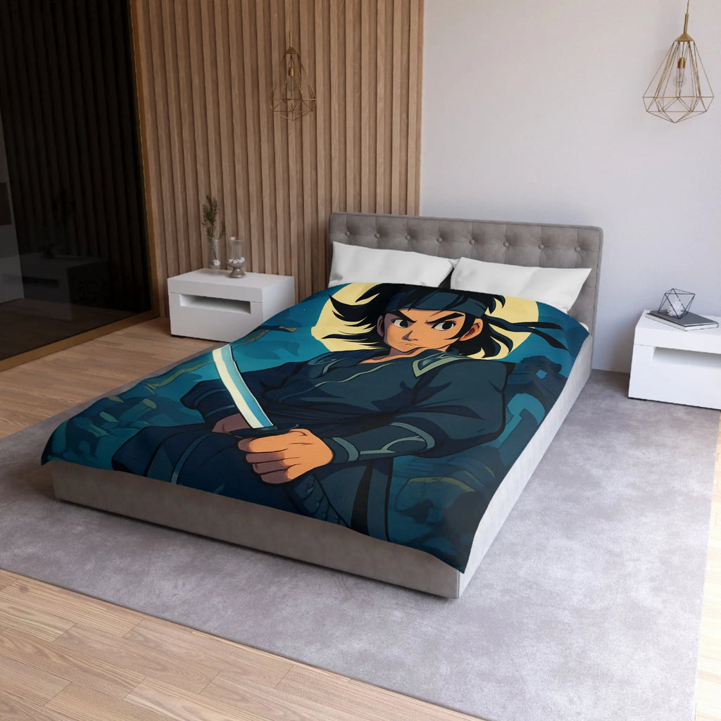 Housse de couette épique avec guerrier anime sous lune mystique et ruines anciennes