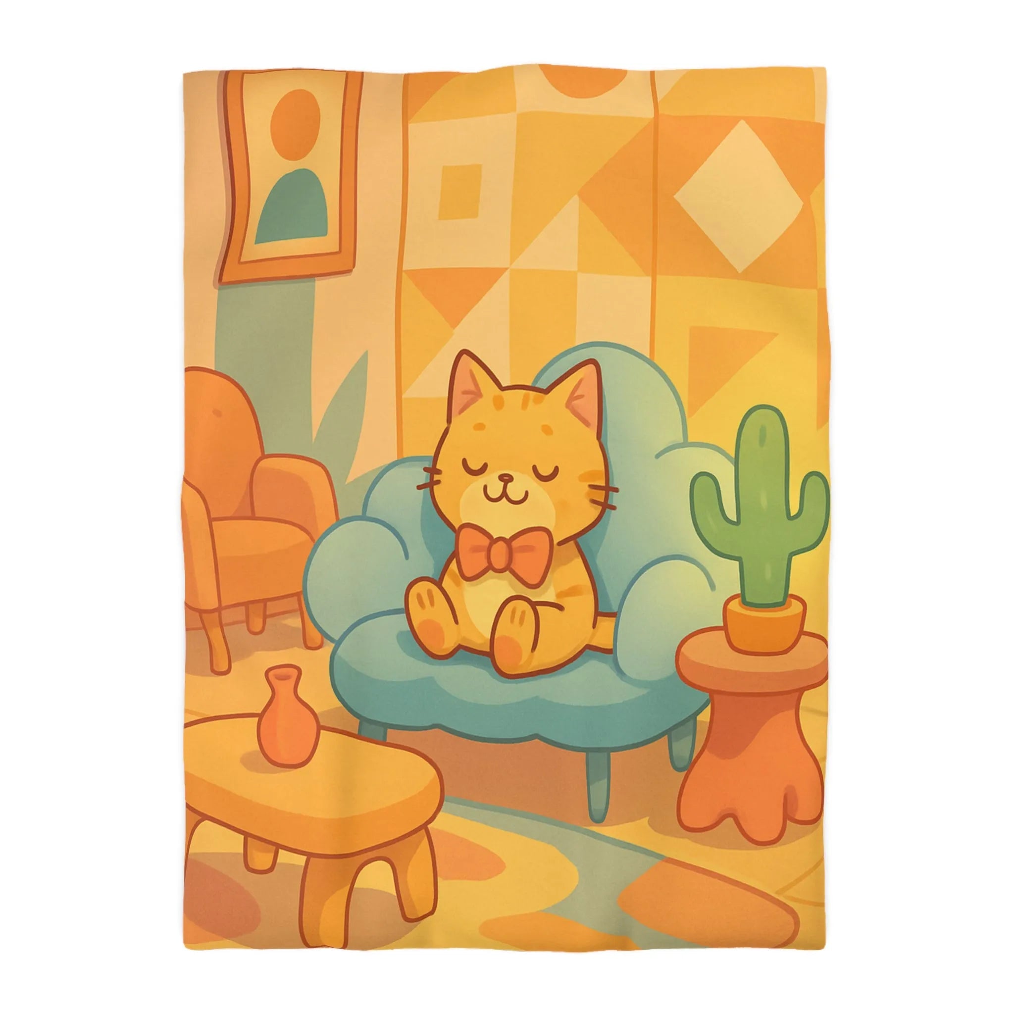 Housse de Couette Douce avec Chat Mignon et Décor Géométrique Moderne en Pastel