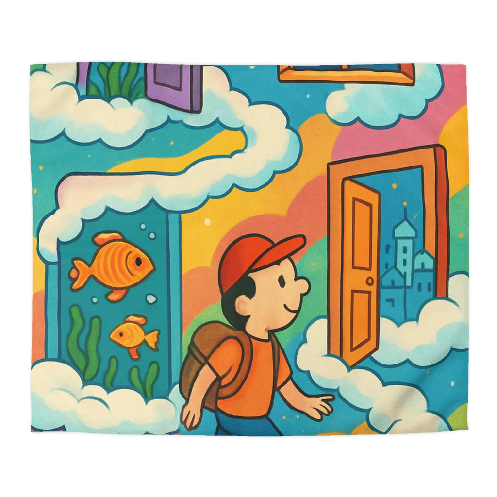 Housse de couette colorée avec portes magiques, nuages et aventure pour enfants rêveurs