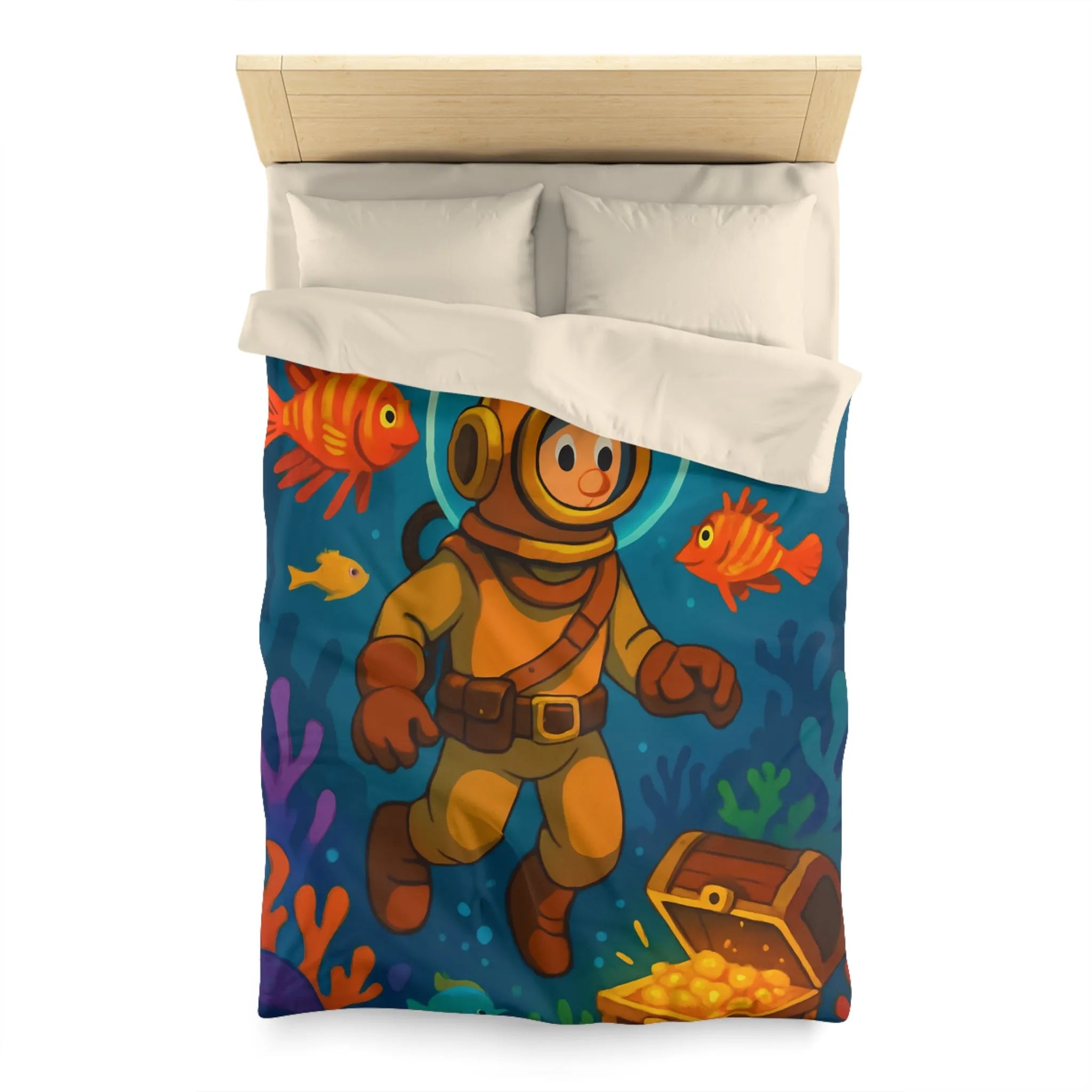 Housse de couette enfant aventure sous-marine avec plongeur et trésor coloré en dessin animé