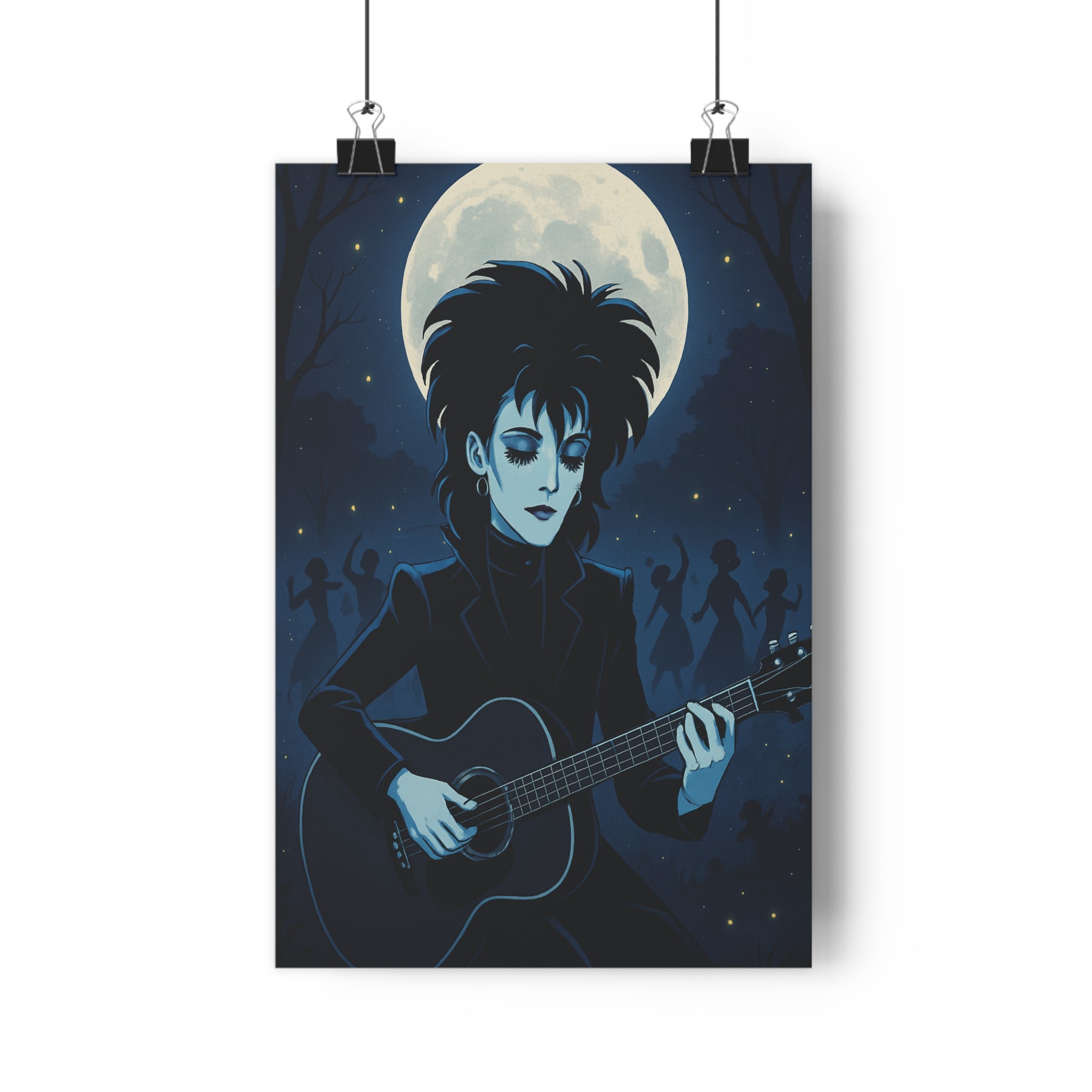 Poster décoratif gothique mystique bleu nuit fantaisie lune chambre salon rêveur captivant silhouette guitare