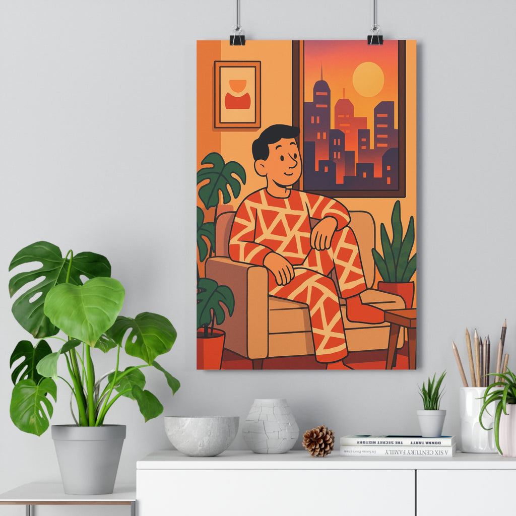 Poster décoratif moderne cartoon orange géométrique urbain salon chambre fenêtre coucher soleil fauteuil relaxant