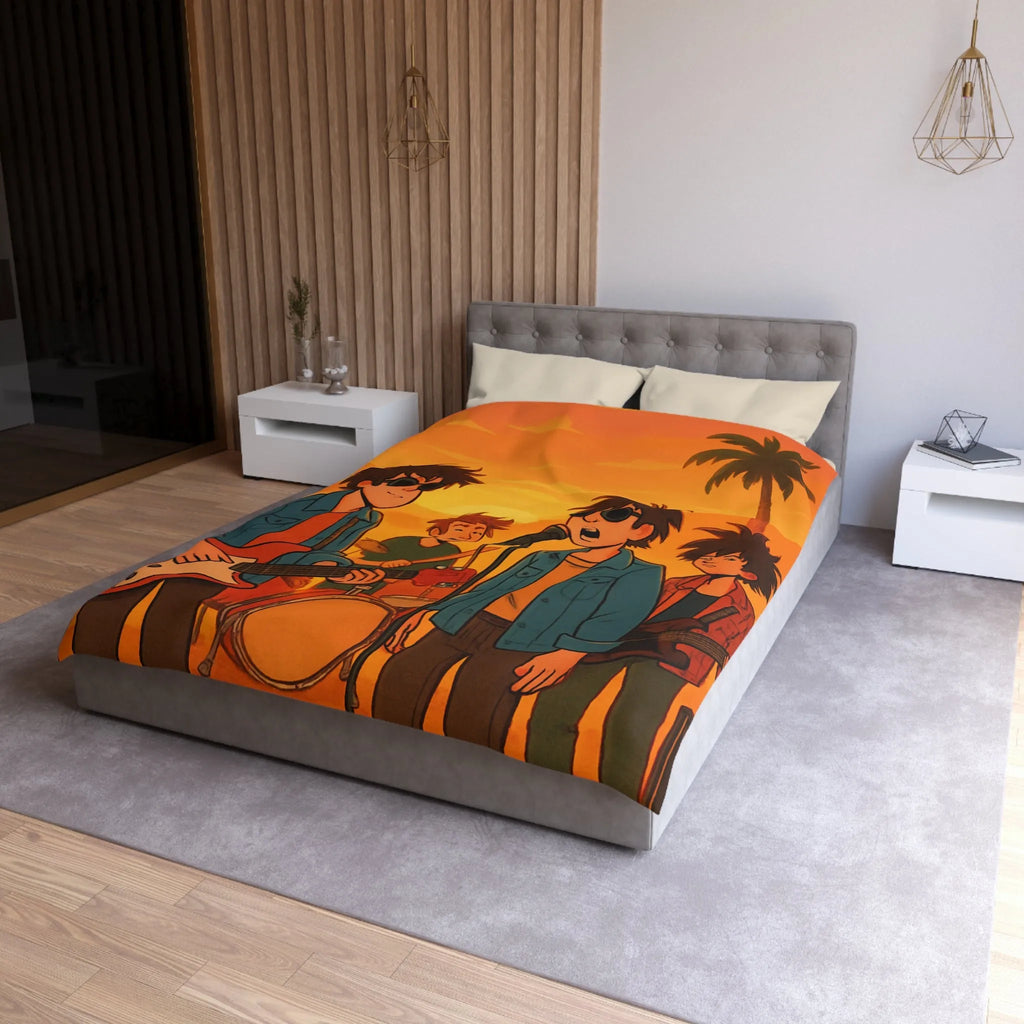 Housse de couette ensoleillée avec musiciens, ambiance rétro pour chambres modernes et vintage