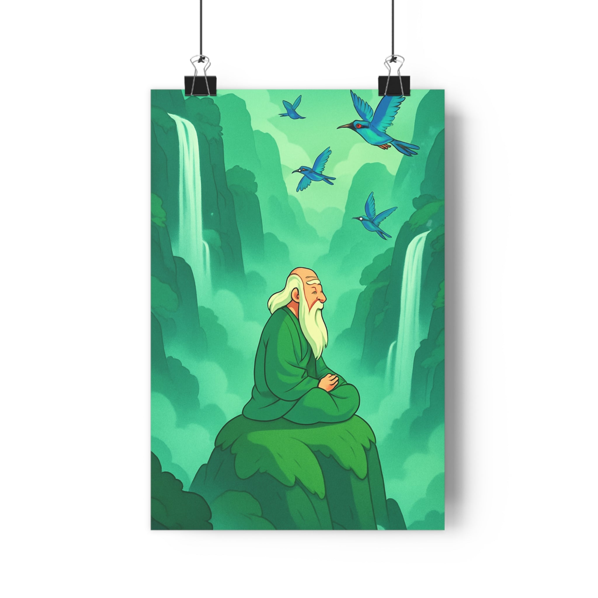 Poster décoratif animé vert bleu mystique salon méditation nature cascade zen impression paysage qualité