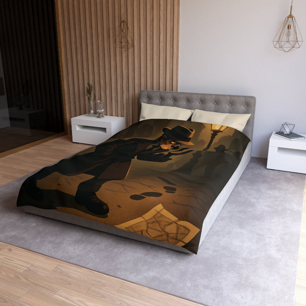 Housse de couette mystérieuse détective sombre rue nocturne silhouette investigation piste intrigante