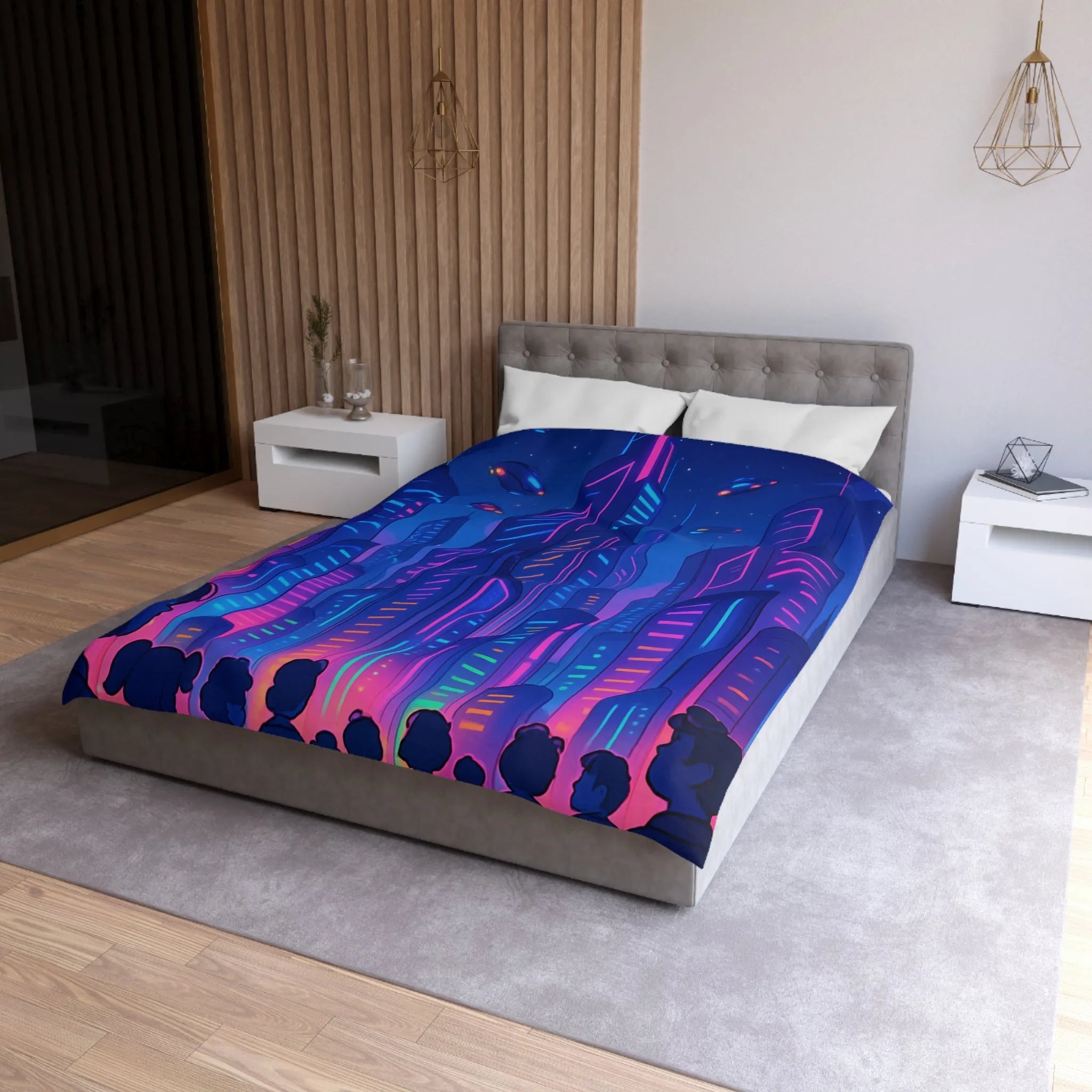 Housse de Couette Futuriste avec Gratte-Ciels Néons et Vaisseaux Spatiaux Lumineux pour Enfants