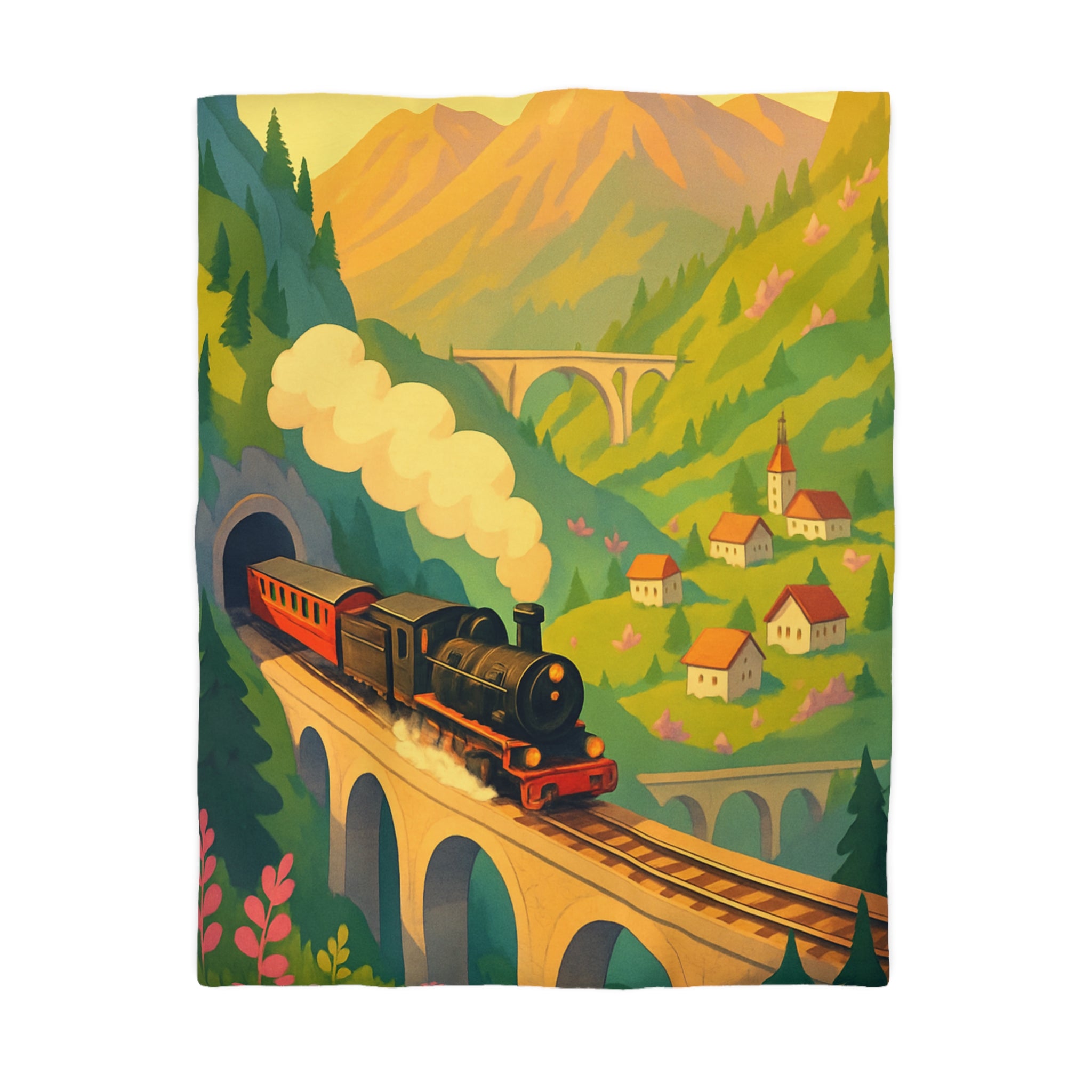 Housse de Couette Vintage Montagne Train Pont Naturelle Ambiance Enchantée Peinture Colorée