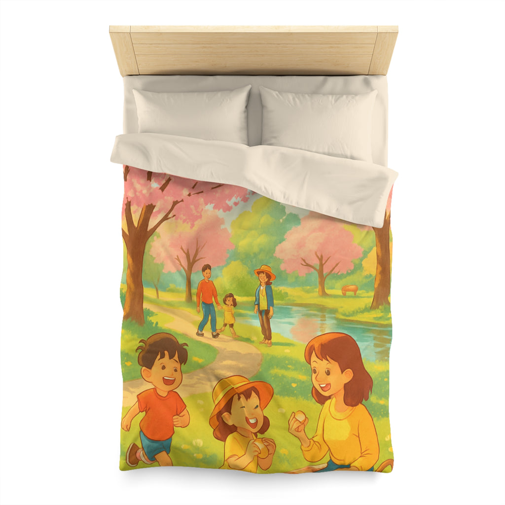 Housse de Couette Printanière avec Scène de Pique-nique Sous Cerisiers en Fleurs